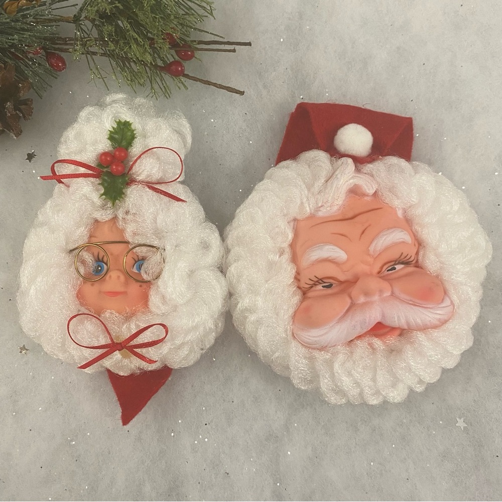 Vintage Rubber Doll Face SANTA & MRS CLAUS Christmas Magnets